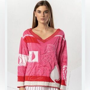 Elisa Cavaletti Pink and Red Patterned V‑Neck Sweater Medium